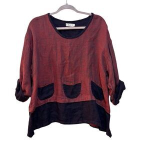 Bodil Tunic Top Womens XL Red Navy Blue Linen Layered Pocket Boho Made USA